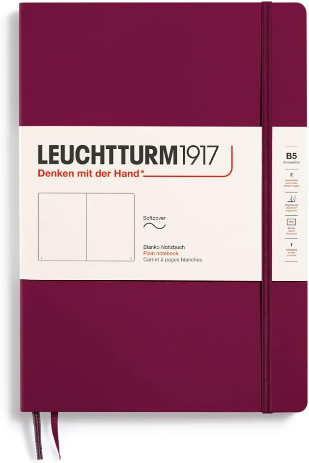 LEUCHTTURM1917 - Notebook Softcover Composition B5-123 Numbered Pages for Writing and Journaling (Plain, Port Red)