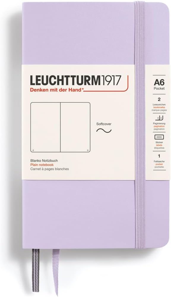 LEUCHTTURM1917 - Notebook Softcover Pocket A6-123 Numbered Pages for Writing and Journaling (Plain, Lilac)