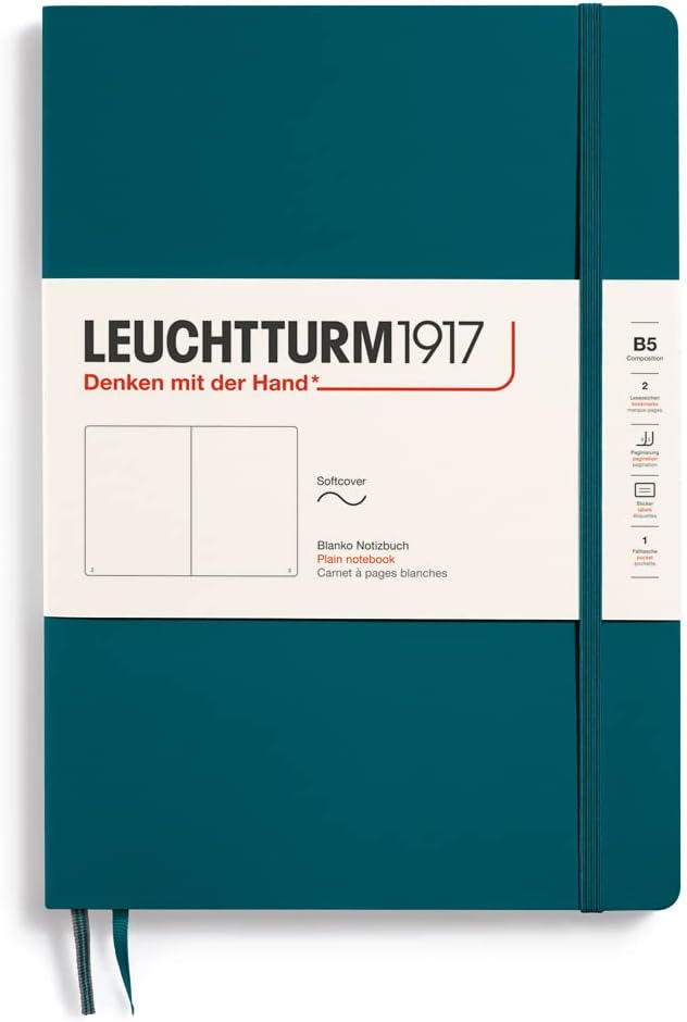 LEUCHTTURM1917 - Notebook Softcover Composition B5-123 Numbered Pages for Writing and Journaling (Plain, Pacific Green)