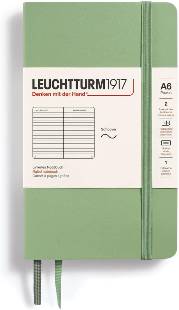 LEUCHTTURM1917 - Notebook Softcover Pocket A6-123 Numbered Pages for Writing and Journaling (Ruled, Sage)