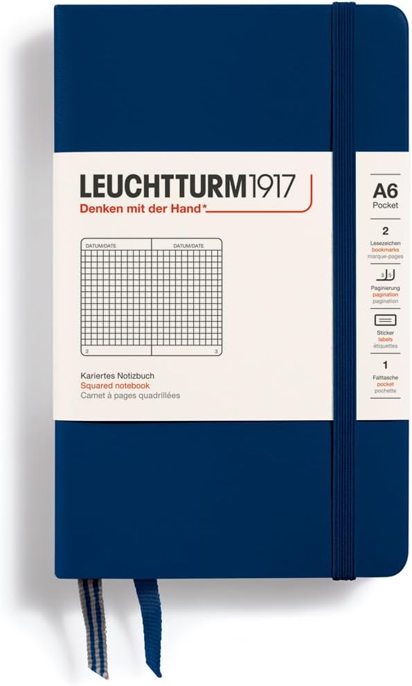 LEUCHTTURM1917 - Notebook Hardcover Pocket A6-187 Numbered Pages for Writing and Journaling (Navy, Squared)