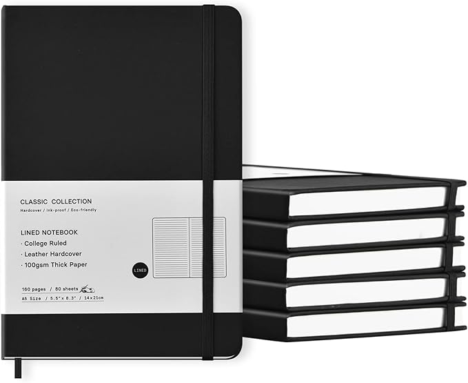 6 Pack A5 Journal Notebooks College Ruled Notebook Classic Leather Hardcover Lined Journals for Writing Office School Home Business, 8.3 x 5.5 Inches, 100GSM Thick Paper, 160 Pages (Black, 6 Pack)