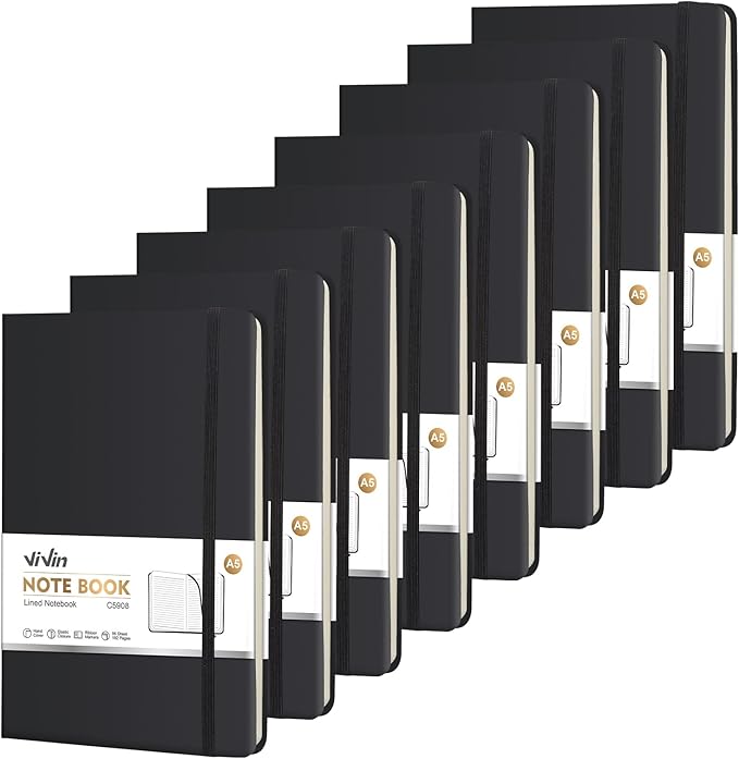 ViVin Lined Journal Notebooks for Work, 192 Pages, Medium 5.5 x 8.3 inch, College Ruled, A5 Hardcover Journaling Notebooks for Writing, 8 Pack Bulk