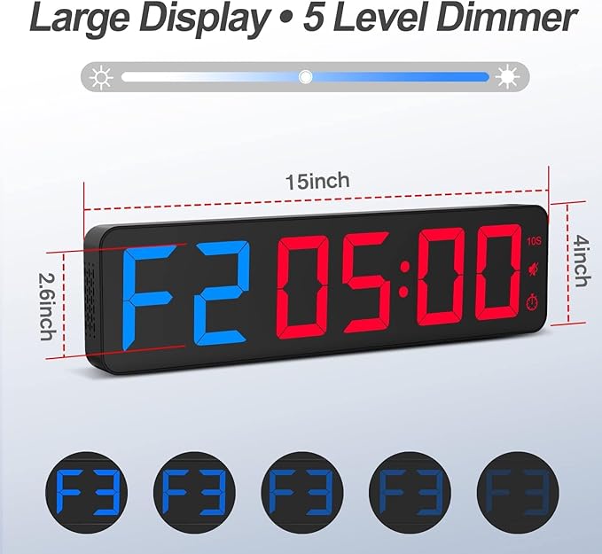 Gym Timer 15" Large LED Display Wall Clock | Gym Interval Workout | Count Down & Up | Stopwatch | Adjustable Buzzer Volume | Upgraded Remote | Digital Timer for Fitness Classroom Home Garage Outdoor