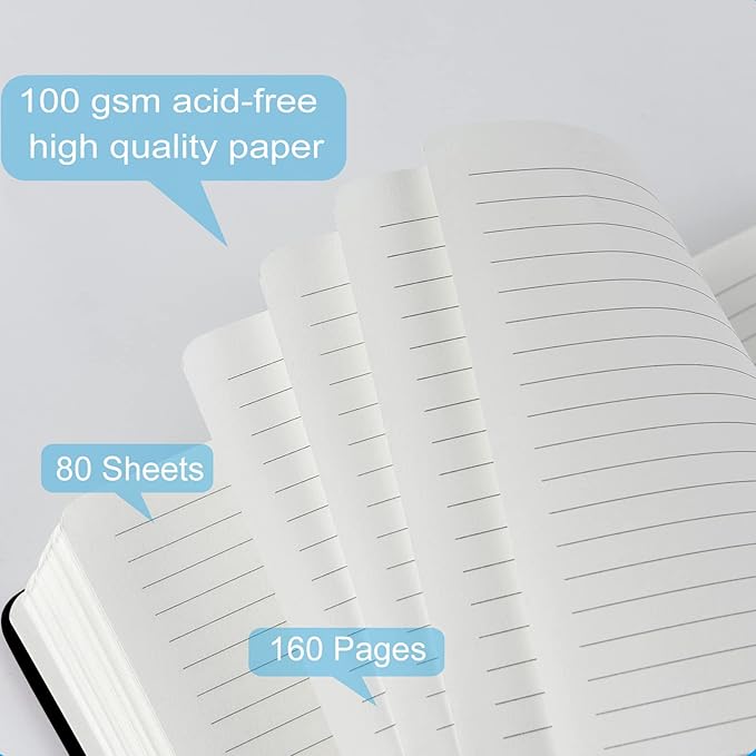 6 Pack A5 Journal Notebooks College Ruled Notebook Classic Leather Hardcover Lined Journals for Writing Office School Home Business, 8.3 x 5.5 Inches, 100GSM Thick Paper, 160 Pages (Black, 6 Pack)