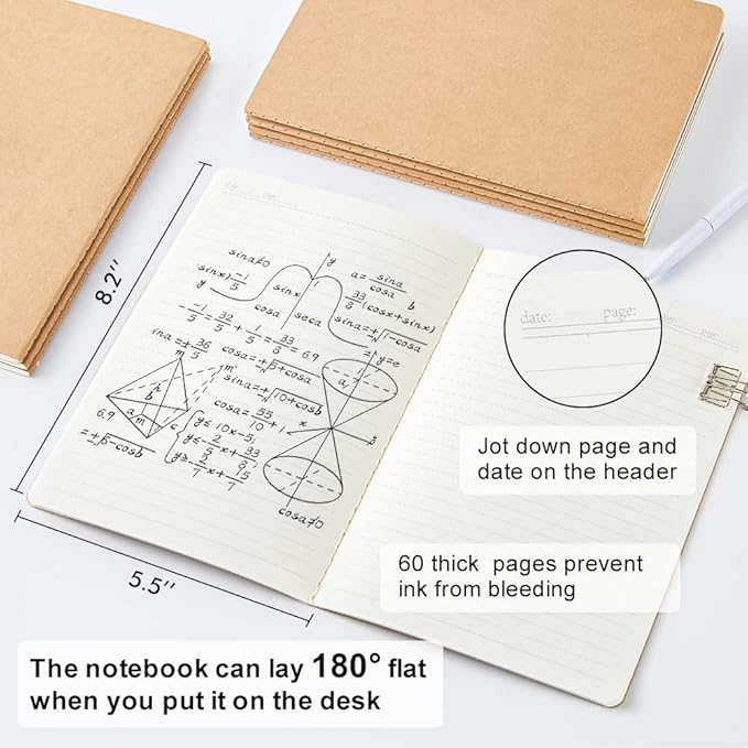feela 60 Pack Kraft Notebooks Bulk, Lined Travel Journals Note Pad Notebooks for Men Women Girls Students, Making Plans Writing Memos Office School Supplies, A5, 60 Pages, 8.3” X 5.5”