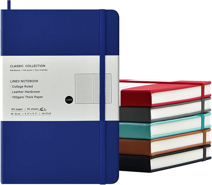 6 Pack A5 Journal Notebooks College Ruled Notebook Classic Leather Hardcover Lined Journals for Writing Office School Home Business, 8.3 x 5.5 inch, 100GSM Thick Paper, 160 Pages (Multicolor, 6 Pack)