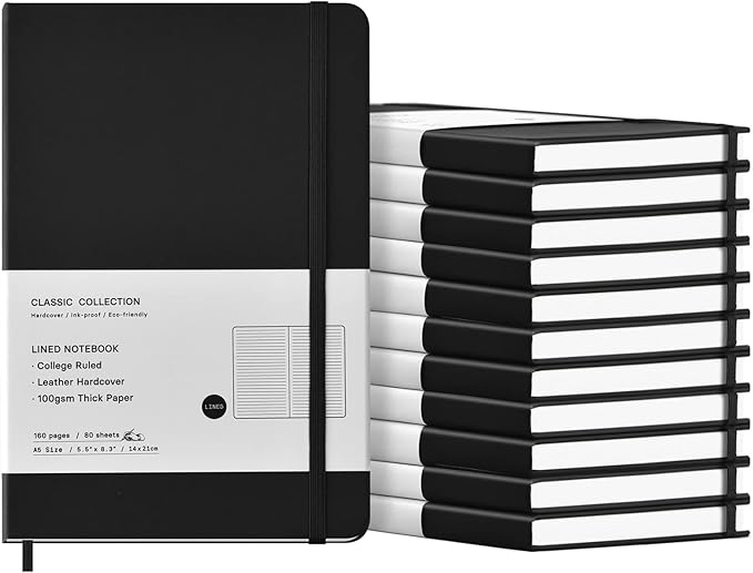 12 Pack A5 Journal Notebooks College Ruled Notebook Classic Leather Hardcover Lined Journals for Writing Office School Home Business, 8.3 x 5.5 inch, 100GSM Thick Paper, 160 Pages (Black, 12 Pack)