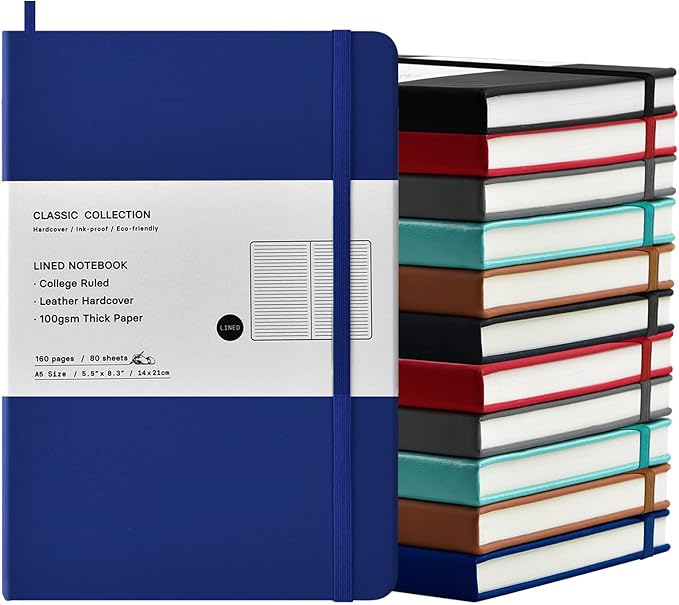 Mototo Journal Notebooks Classic College Ruled Notebooks Hardcover Leatherette Lined Journals for Office Home School Business, 8.3 x 5.5 inch, 100GSM Thick Paper, 160 Pages (Multicolor, 12 Pack)