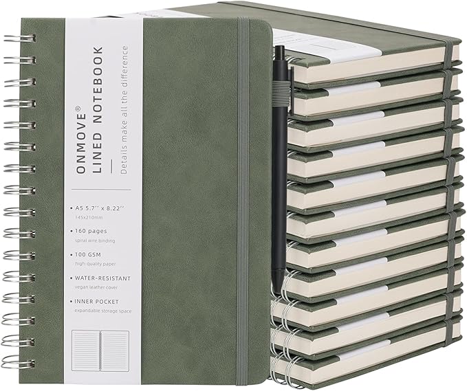 Spiral Notebooks Journal for Women Men 12 Pack Bulk Leather Hardcover with Pen Holder A5 160 Pages 100 GSM Thick Paper for Work School Lined Green