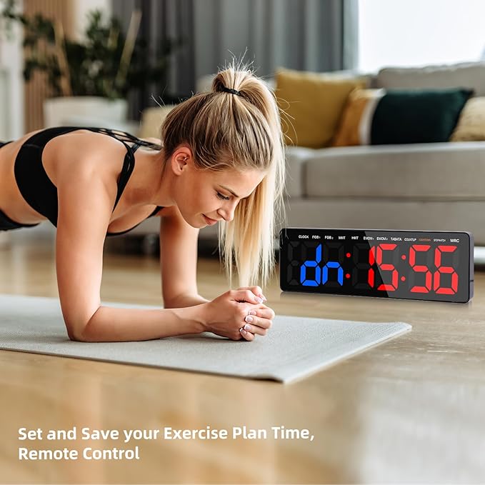Gym Timers, 16.5" Large LED Display Wall Clock, Interval Timer for Workout, Stopwatch/Countdown Timer with Remote, 12/24H Digital Wall Clock, Portable Home Gym Accessories