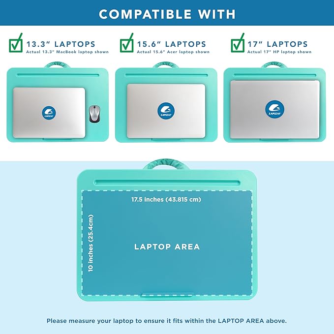LAPGEAR Original Lap Desk – Large (17.9” x 13”) | Fits Up to 17.3” Laptops | Cushioned with Device Ledge, Pencil Tray & Handle | Portable & Lightweight | 12-Pack | Aqua Sky – Style No. 45009