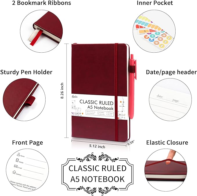 12 Pack Notebooks Journals Bulk with 12 Black Pens, Feela A5 Hardcover Notebook Classic Ruled Journal Set with Pen Holder for School Business Work Travel Writing, 120 GSM, 5.1”x8.3”, Wine
