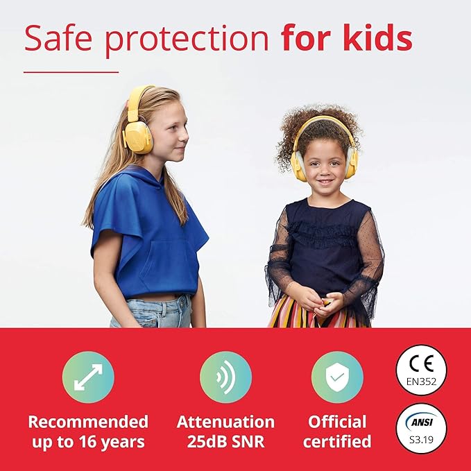 Alpine Muffy Kids - Hearing Protection - CE & ANSI Certified - Adjustable for Ages 3-16 years - Noise Cancelling Headphones - 25dB Sound Reduction Ideal for Protection and Concentration Aid - Yellow