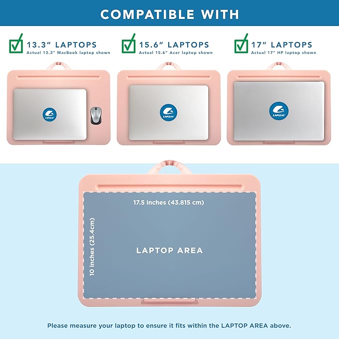 LAPGEAR Original Lap Desk – Large (17.9” x 13”) | Fits Up to 17.3” Laptops | Cushioned with Device Ledge, Pencil Tray & Handle | Portable & Lightweight | Rose Quartz – Style No. 45154