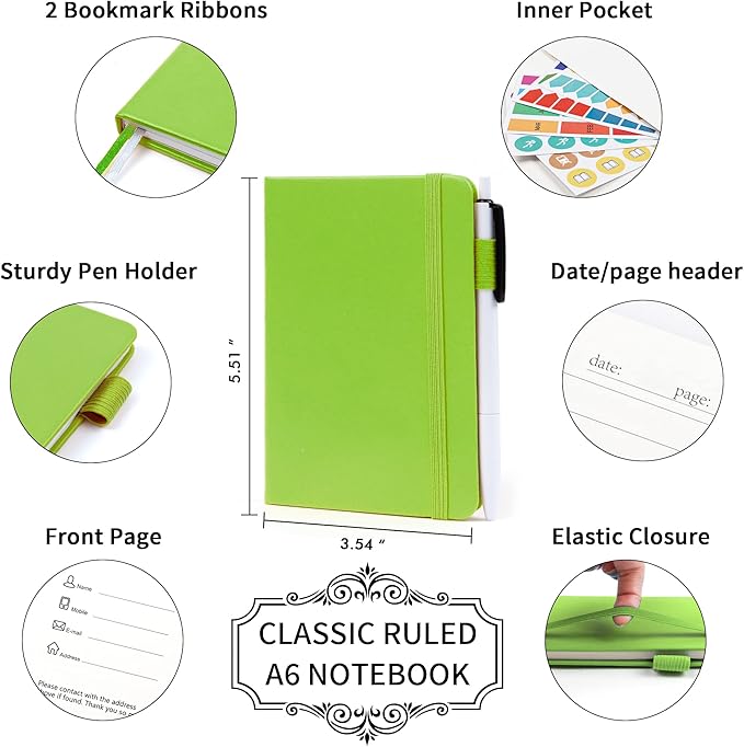 feela 15 Pack Pocket Small Notebooks Bulk, Mini Cute Memo Notepads Hardcover College Ruled Lined Journals with Pen Holder for Women Girls Office School, with 15 Black Pens, 3.5”x 5.5”, A6, Green