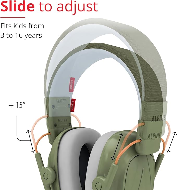 Alpine Muffy Kids - Hearing Protection - CE & ANSI Certified - Adjustable for Ages 3-16 years - Noise Cancelling Headphones - 25dB Sound Reduction Ideal for Protection and Concentration Aid – Green