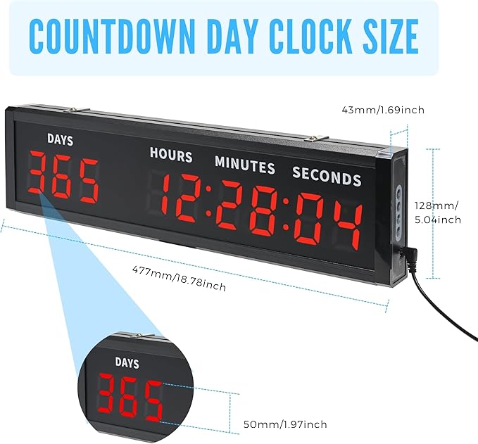 Large Digital Countdown Clock, LED Large Display Count Up/Count Down Timer, 999 Days Countdown Calendar for Christmas Retirement Birthday Event Timer with Remote Control (Red,17.87in*5.04in)