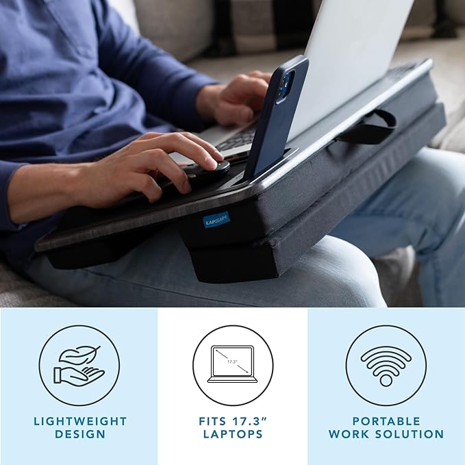 LAPGEAR Extra Large Adjustable Lap Desk with Gel Wrist Rest, Mouse Pad, Phone Holder, Device Ledge, and Booster Cushion - Gray Woodgrain - Fits up to 17.3 Inch Laptops - Style No. 88105