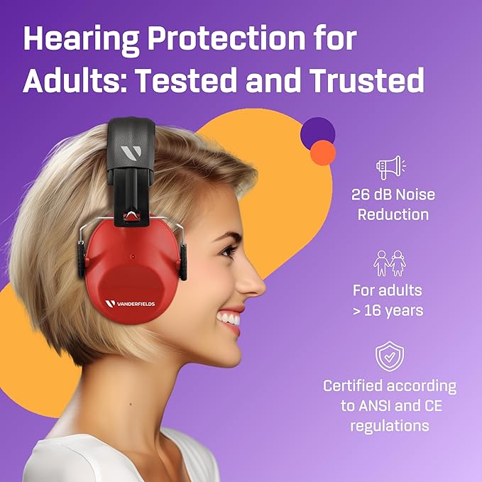 Vanderfields Hearing Protection Headphones - 26dB - Range Shooting Ear Protection - Noise Cancelling Ear Muffs for Adults