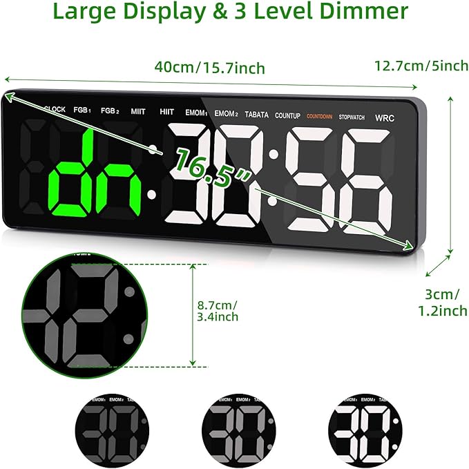 Gym Timer, 16.5" Large Digital Wall Clock for Gym Interval Workout, Remote Control LED Digital Timer for Home Decor, Living Room, Office, Gym, Classroom