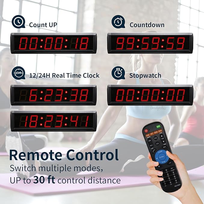 Large Digital Wall Clock with Remote Control, LED Stopwatch Timer, Countdown,Count Up, 12/24 Hour Switchable Time Clock for Home Gym Living Room Office Garage Decor (Red,16.3" x 3.9")