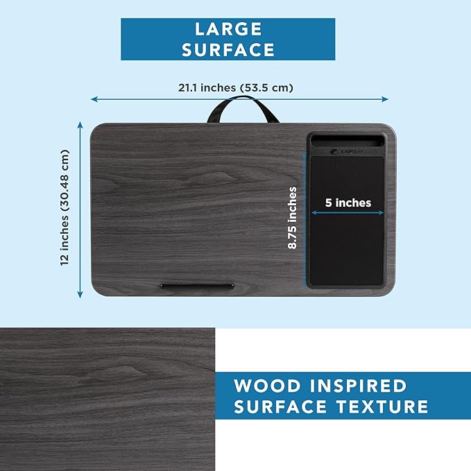 LAPGEAR Home Office Lap Desk with Device Ledge, Mouse Pad, and Phone Holder - Gray Woodgrain - Fits up to 15.6 Inch Laptops - Style No. 91545
