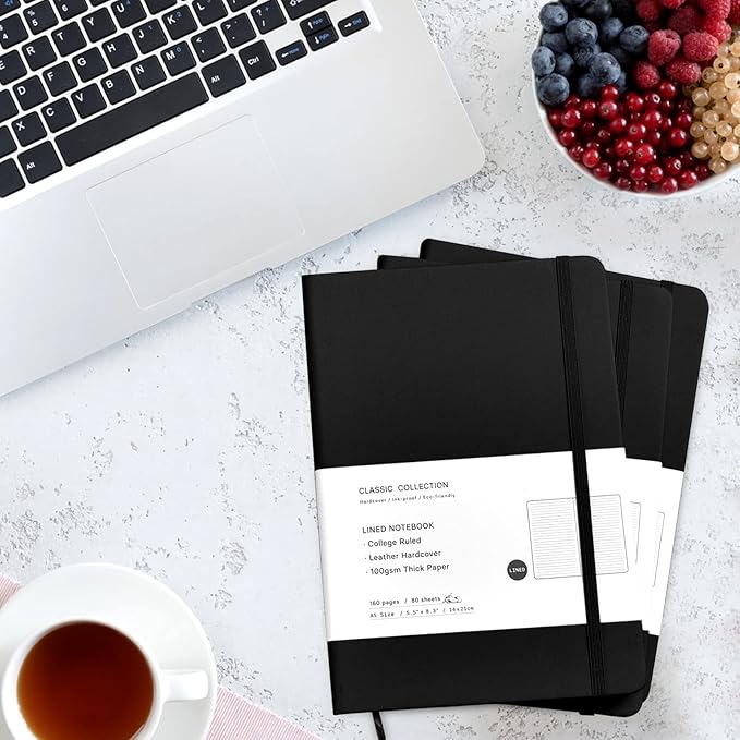 12 Pack A5 Journal Notebooks College Ruled Notebook Classic Leather Hardcover Lined Journals for Writing Office School Home Business, 8.3 x 5.5 inch, 100GSM Thick Paper, 160 Pages (Black, 12 Pack)