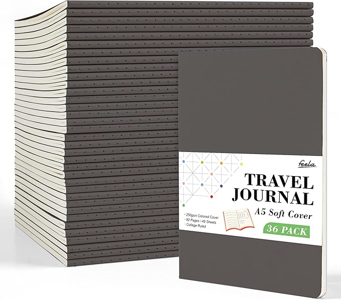 feela 36 Pack Soft Cover Journal Bulk, Lined Blank Travel Journal for Women Men Writing, Notebooks College Ruled for Work, Note Taking Notebook School Business Supplies, 8.2” x 5.5”, A5, Gray