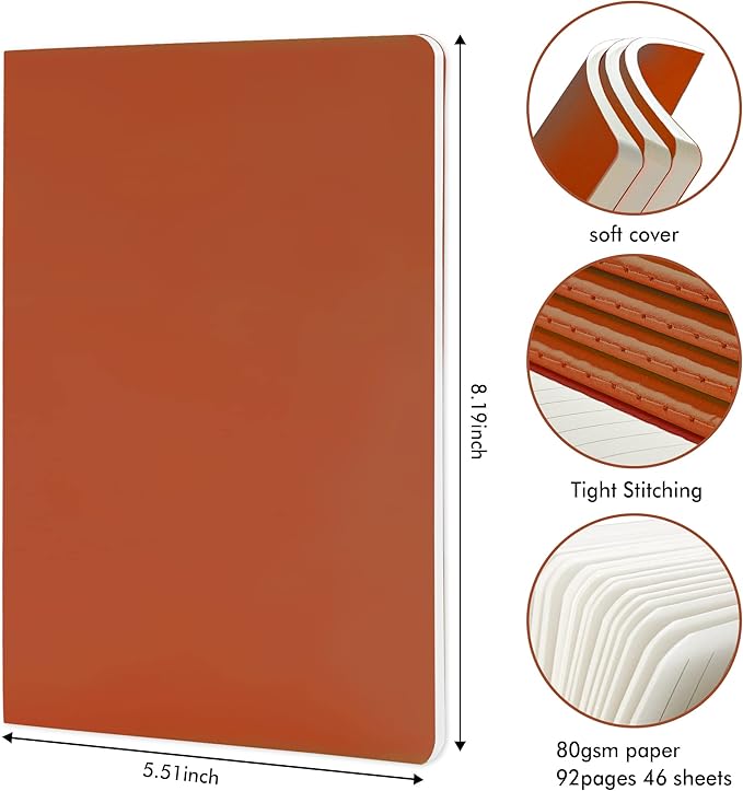 feela 36 Pack Soft Cover Journal Bulk, Lined Blank Travel Journal for Women Men Writing, Notebooks College Ruled for Work, Note Taking Notebook School Business Supplies, 8.2” x 5.5”, A5, Dark Orange
