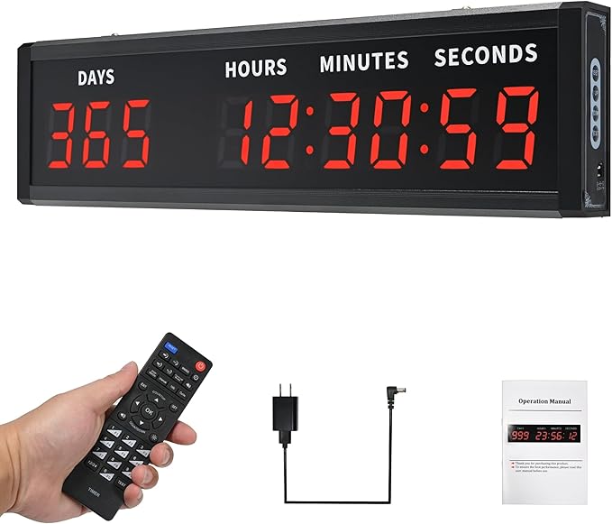 Large Digital Countdown Clock, LED Large Display Count Up/Count Down Timer, 999 Days Countdown Calendar for Christmas Retirement Birthday Event Timer with Remote Control (Red,17.87in*5.04in)