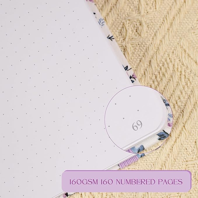 TIEFOSSI Dotted Journal Notebook, Dot Grid Notebook for Women Men, Fabric Flower Journal, 160 GSM Thick Paper, 160 Numbered Pages with Gold Edges, 8 x 8 Square Diary