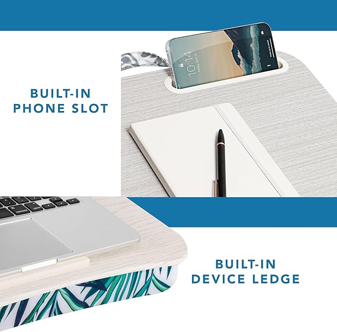 LAPGEAR Designer Lap Desk with Phone Holder and Device Ledge - Tropical Palm Leaves - Fits up to 15.6 Inch Laptops - Style No. 45427