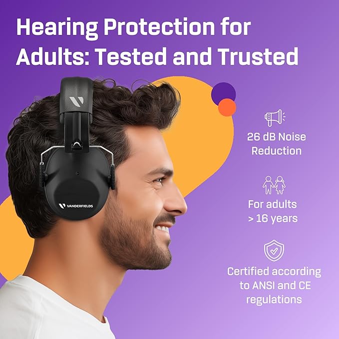 Vanderfields Hearing Protection Headphones - 26dB - Range Shooting Ear Protection - Noise Cancelling Ear Muffs for Adults