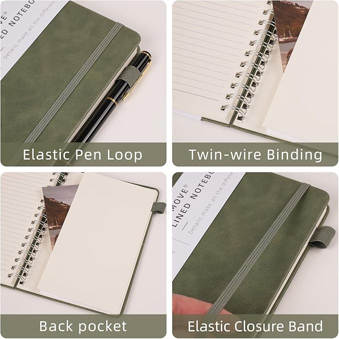 Spiral Notebooks Journal for Women Men 12 Pack Bulk Leather Hardcover with Pen Holder A5 160 Pages 100 GSM Thick Paper for Work School Lined Green
