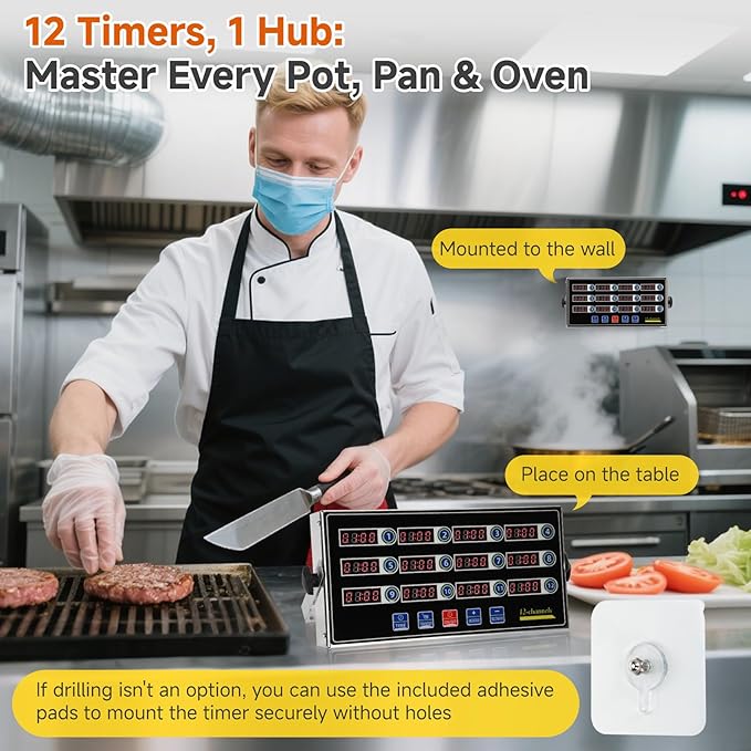 Commercial Kitchen Timers for Cooking, 12-Channel Timer for Commercial Kitchens, Heavy-Duty Loud Alarm Timer for Restaurants, Stainless Steel, LED Technology