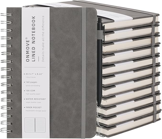 Spiral Notebooks Journal for Women Men 12 Pack Bulk Leather Hardcover with Pen Holder A5 160 Pages 100 GSM Thick Paper for Work School Lined Gray