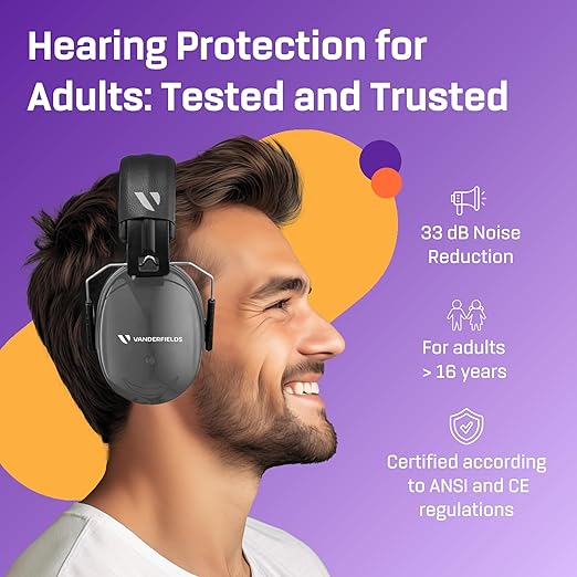 Vanderfields Hearing Protection Ear Muffs for Noise Reduction, 33dB Certified, Noise Cancelling Safety Ear Protection for Shooting, Adult Headphones for Lawn Mowing, DIY, Construction, Woodworking