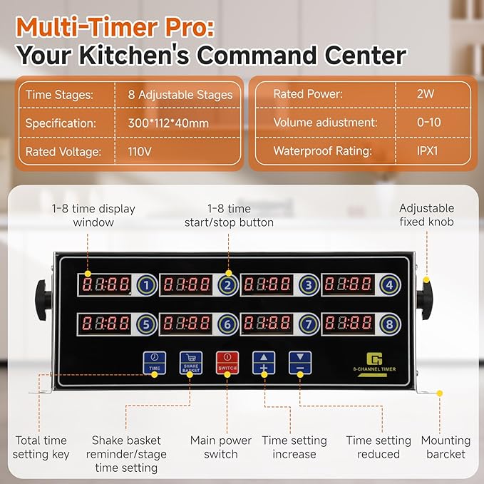 Commercial Kitchen Timers for Cooking, 8-Channel Timer for Commercial Kitchens, Heavy-Duty Loud Alarm Timer for Restaurants, Stainless Steel, LED Technology