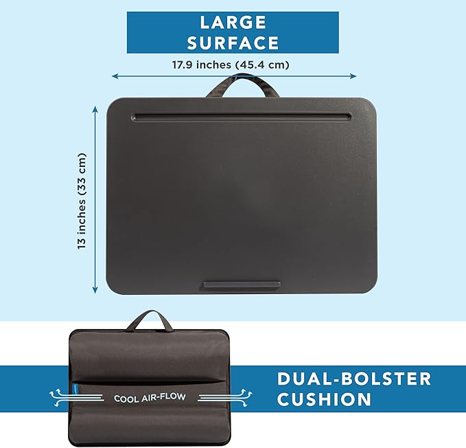 LAPGEAR Original Lap Desk – Large (17.9” x 13”) | Fits Up to 17.3” Laptops | Cushioned with Device Ledge, Pencil Tray & Handle | Portable & Lightweight | Charcoal – Style No. 45155