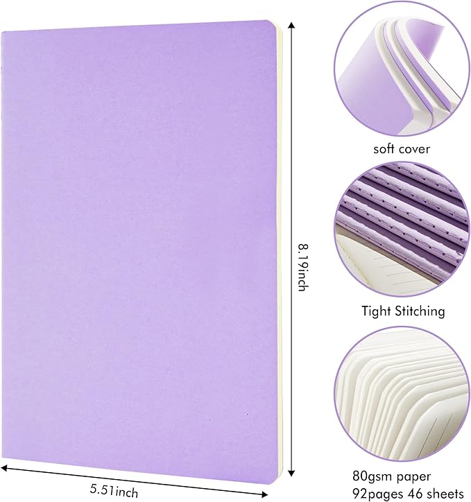 feela 36 Pack Soft Cover Journal Bulk, Lined Blank Travel Journal for Women Men Writing, Notebooks College Ruled for Work, Note Taking Notebook School Business Supplies, 8.2” x 5.5”, A5, Light Purple