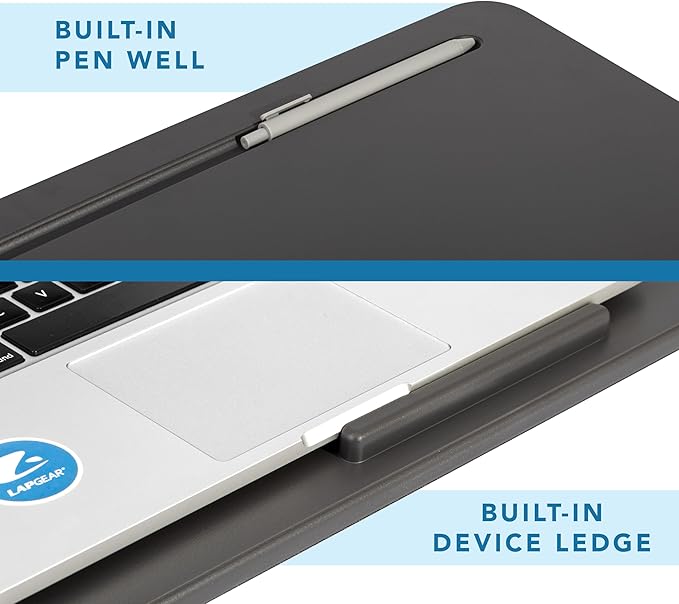 LAPGEAR Original Lap Desk – Large (17.9” x 13”) | Fits Up to 17.3” Laptops | Cushioned with Device Ledge, Pencil Tray & Handle | Portable & Lightweight | Charcoal – Style No. 45155