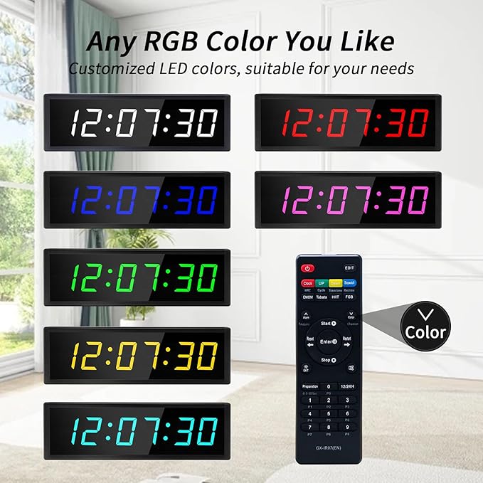 Large Digital Wall Clock with Remote Control, LED Stopwatch Timer, Countdown,Count Up, 12/24 Hour Switchable Time Clock for Home Gym Living Room Office Garage Decor (RGB, 15.2" x 4.5")