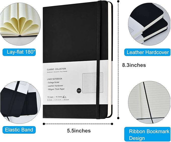 6 Pack A5 Journal Notebooks College Ruled Notebook Classic Leather Hardcover Lined Journals for Writing Office School Home Business, 8.3 x 5.5 Inches, 100GSM Thick Paper, 160 Pages (Black, 6 Pack)