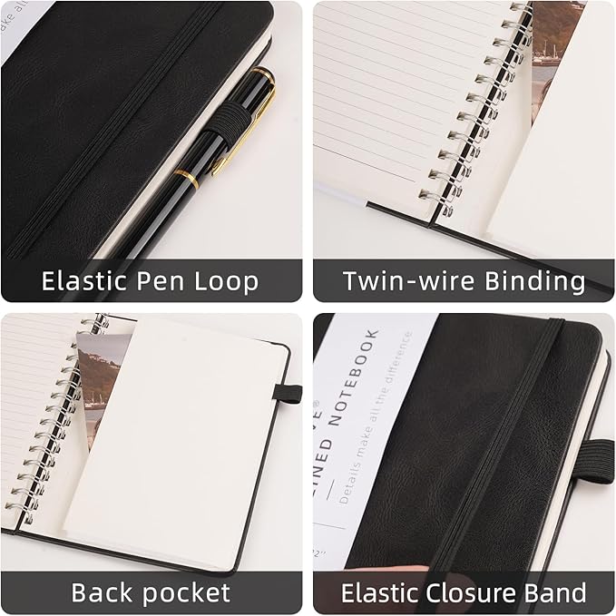 Spiral Notebooks Journal for Women Men 12 Pack Bulk Leather Hardcover with Pen Holder A5 160 Pages 100 GSM Thick Paper for Work School Lined Black