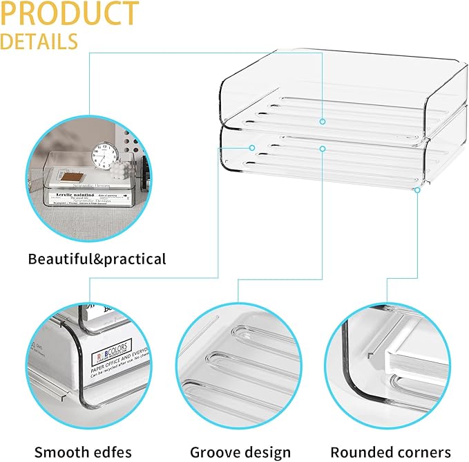 2-Tier Acrylic Paper Tray Organizer-Low-ProfileDesk File Sorter for Office/Home, Clear Stackable LetterTray for Bills, Crafts, Notebooks