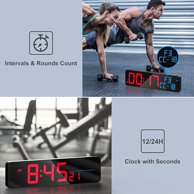 ANJANK 15" Large Gym Timer, LED Digital Wall Clock with Seconds, Timing for Workout, Interval & Rounds, Countdown/Up/Stopwatch/12-Level Volume, Remote Control for Home, Garage, Gym, Crossfit, Fitness