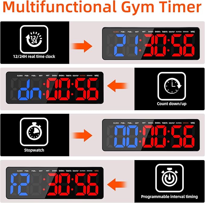 Gym Timers, 16.5" Large LED Display Wall Clock, Interval Timer for Workout, Stopwatch/Countdown Timer with Remote, 12/24H Digital Wall Clock, Portable Home Gym Accessories