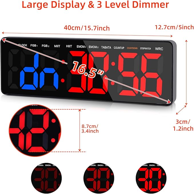 Gym Timers, 16.5" Large LED Display Wall Clock, Interval Timer for Workout, Stopwatch/Countdown Timer with Remote, 12/24H Digital Wall Clock, Portable Home Gym Accessories