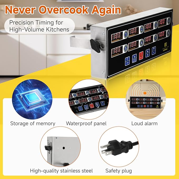 Commercial Kitchen Timers for Cooking, 8-Channel Timer for Commercial Kitchens, Heavy-Duty Loud Alarm Timer for Restaurants, Stainless Steel, LED Technology